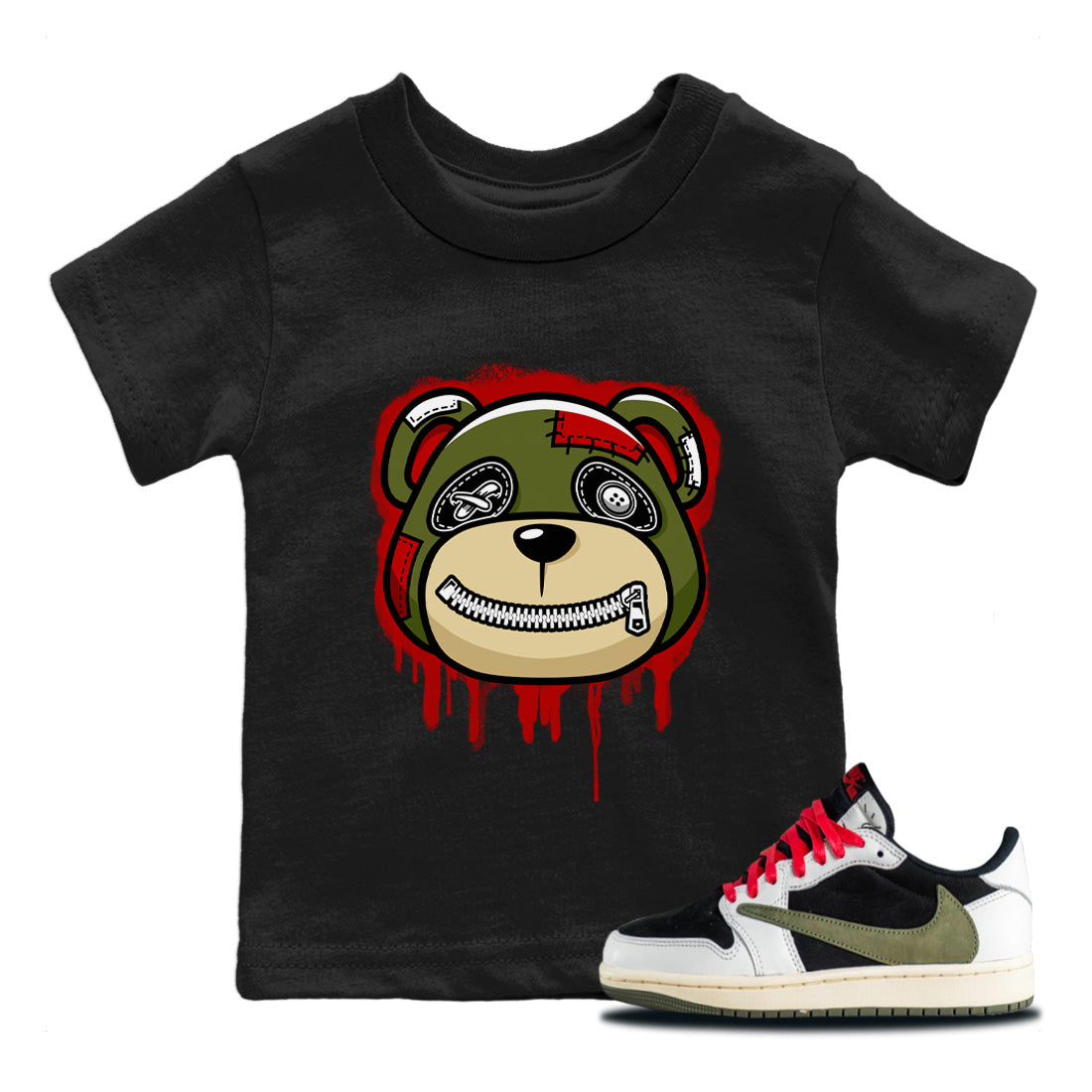 Jordan 1 Travis Scott Olive Sneaker Matching T-Shirt Bear Face Sneaker Tees Jordan 1 Travis Scott Olive Sneaker Release Tees Kids Shirts