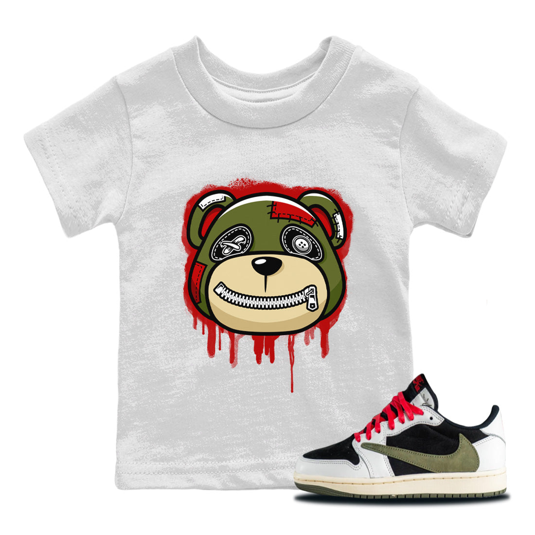 Jordan 1 Travis Scott Olive Sneaker Matching T-Shirt Bear Face Sneaker Tees Jordan 1 Travis Scott Olive Sneaker Release Tees Kids Shirts